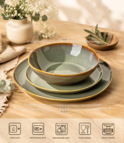 TheTerra Ceramic Dinnerware Set for 4, 12-Piece Plates and Bowls Set - color: Sage Umber