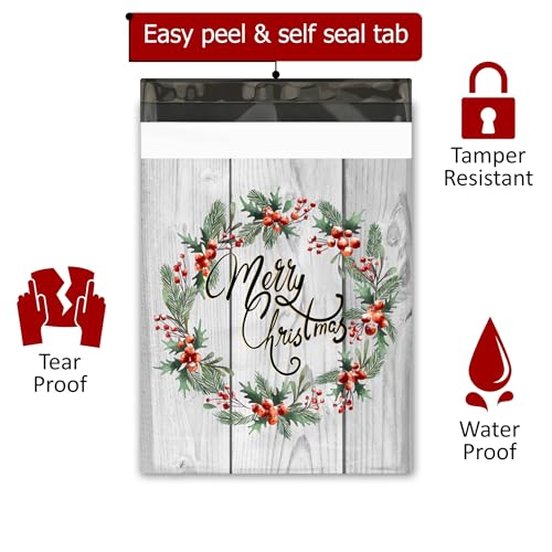 10x13 (100) Christmas Wreath Designer Winter Poly Mailers Self Sealing Waterproof Shipping Envelopes Holiday Premium Printed Bags For Small Businesses - color: Christmas Wreath, size: 10x13