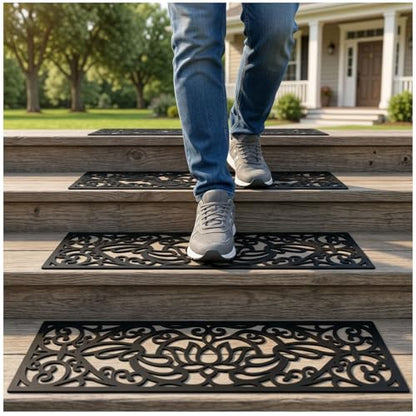 YOUEON 4 Pcs Rubber Stair Treads Non-Slip for Indoor & Outdoor Stairs, 29 x 9.5 Inch Heavy Duty Decorative Step Mats with Assembly Kits, Weather Resistant, Easy to Clean, Lotus Cutout, Black