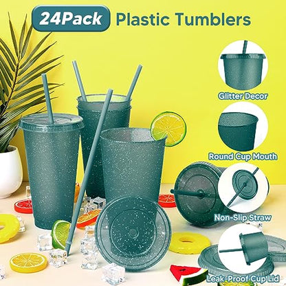 24 Pack Plastic Tumblers With Lids and Straws, Reusable Colorful Cups for Parties, Birthdays, Iced Coffee, Travel Mug, Cold Drinks (24 oz, Dark Green) - color: Dark Green-24pcs