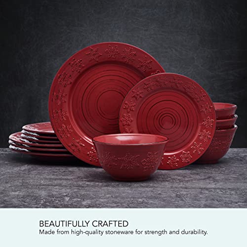Pfaltzgraff Trellis Snowflakes 12 Piece Dinnerware Set, Service For 4, Red - color: Red Snowflake