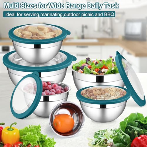LIANYU 6 PCS Stainless Steel Mixing Bowls with Visible Lid for Food Storage - color: Dark Blue, style: Atlas Base with Visible Lids