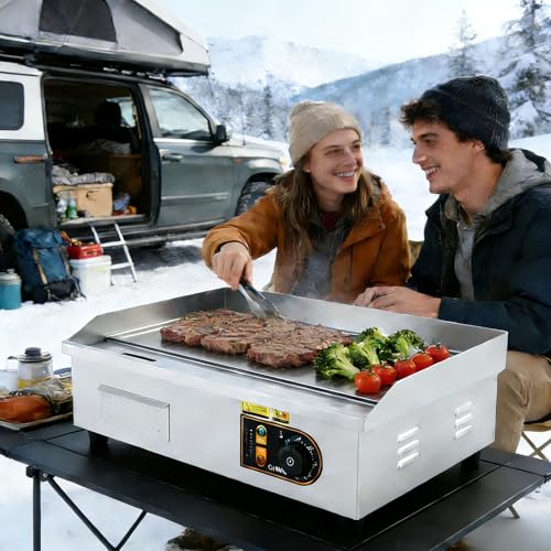 Garvee 18in Commercial Electric Flat Top Griddle Non-Stick for Breakfast Bars, Countertop Flat Top Grill with 2 Shovels and 2 Brushes for Roadside Stands, 122℉-572 ℉ Adjustable Temp - size: 18inch