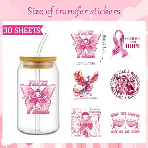 Rngmsi UV DTF Cup Wrap - 30 Sheets Breast Cancer Awareness UV DTF Wraps for 16 oz Glass, Pink Ribbon Hope UVDTF Stickers, Rub on Transfer Decals for Drinking Cups Water Bottles - style: Breast Cancer Awareness