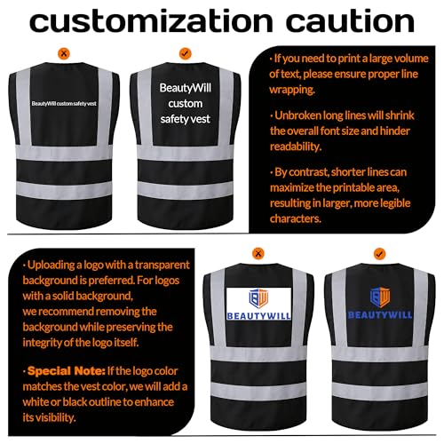 BeautyWill Custom LOGO Safety Vests Reflective Vest Class 2 ANSI with Pockets Zipper High Visibility Construction Uniform - color: A-black-10pack -Logo, size: XX-Large