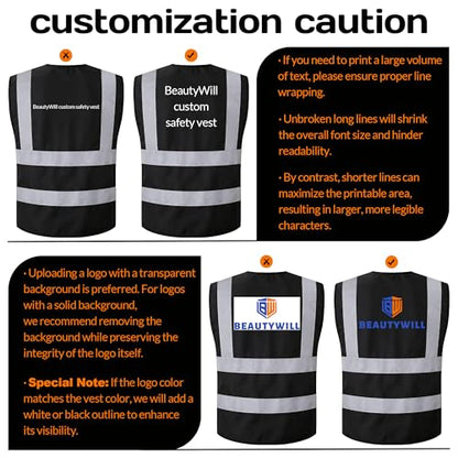 BeautyWill Custom LOGO Safety Vests Reflective Vest Class 2 ANSI with Pockets Zipper High Visibility Construction Uniform - color: A-black-1pack-logo, size: Small