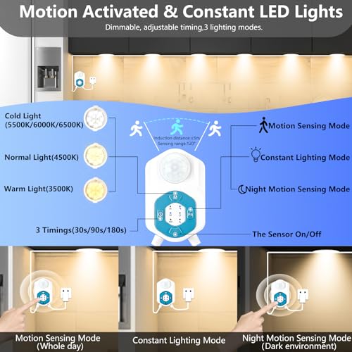 Under Cabinet Lights 12Ft,Motion Sensor LED Under Counter 6 Puck Lights with APP&Remote&Sensor/3 Work Modes/3 Colors/Timers/Motion Activated Allowed/Dimmable/Night Light for Cabinet,Home,Closet,Garage - size: Multimode-activated:6-Pucks