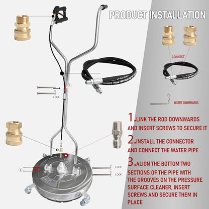 Hourleey 24" Pressure Washer Surface Cleaner with Dual Handles, Stainless Steel Surface Cleaner with 4 Wheels for Driveways, Pathway, Sidewalks, Patios, Decks, 4500 PSI with 3/8" Quick Connector Kit - size: 24 Inch