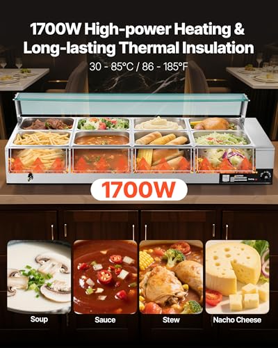 VEVOR Commercial Food Warmer, 1700W Electric Stainless Steel Steam Food Warmer with Glass Cover, 8-Pan Countertop Buffet Bain Marie with Soup & Perforated Ladles, for Catering, Restaurant & Party - size: 8x1/2Pan ;96QT