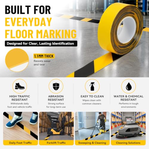 Heavy‑Duty Vinyl Floor Marking Tape 1.1mm Thick 2 in x 100 FT Yellow Black - size: 2 in x100 FT
