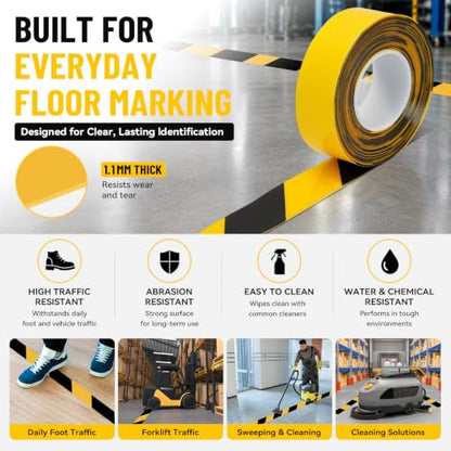 Heavy‑Duty Vinyl Floor Marking Tape Yellow Black 2 in x 33 FT 1.1mm Thick - size: 2 in x33 FT