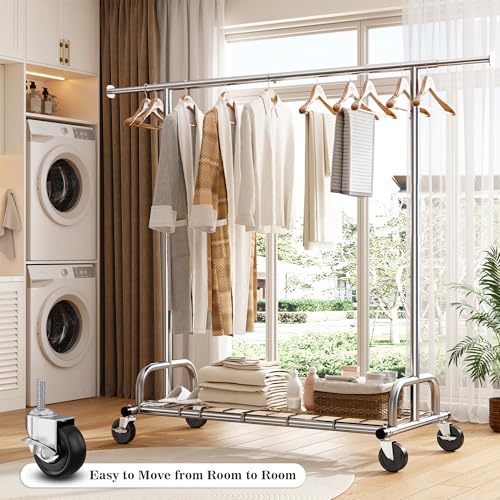 Raybee Heavy Duty Clothes Rack Load 480LBS,Clothing Racks for Hanging Clothes,Adjustable Rolling Clothes Rack with Wheels,Garment Rack for Bedroom,Laundry Room,Commercial Use, 71" Hx22 D x 75" W - style: Single Rod