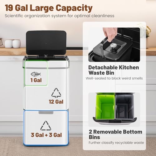 Goplus 19 Gal Motion Sensor Trash Can, 72 L Volume in 4 Containers, Touchless Trash Bin w/Kitchen Waste Bin & 2 Bottom Recycling Bins, Stainless Steel Garbage Can w/Soft Close Lid, Battery Operated - color: Silver, size: 19 Gallon
