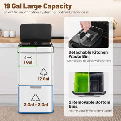 Goplus 19 Gal Motion Sensor Trash Can, 72 L Volume in 4 Containers, Touchless Trash Bin w/Kitchen Waste Bin & 2 Bottom Recycling Bins, Stainless Steel Garbage Can w/Soft Close Lid, Battery Operated - color: Silver, size: 19 Gallon