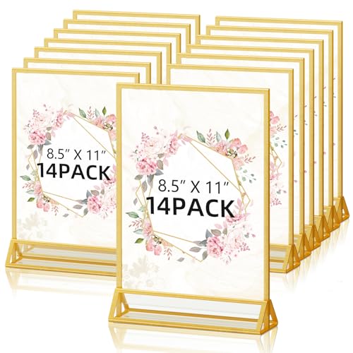 PPH-Sisy 8.5x11 Acrylic Sign Holder, 14 Pack Gold Picture Frame Double-Sided Clear Acrylic Sign Holder Flyer Menu Holder, Wedding Table Number Stands, Photo Frames for Office Home Event