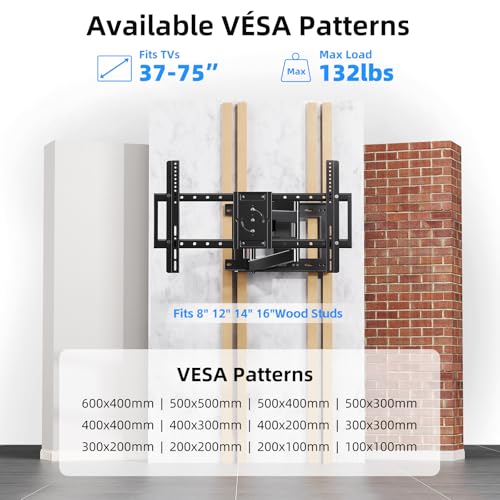 Long Arm TV Wall Mount with 180°Swivel and Tilt +5/-20° Level Adjustment, TV Bracket Screen with Rotates 90° for TVs 37-75 Inches,Hold up 132LBS,Max VESA 600x400mm - size: Fit 32-75 inch