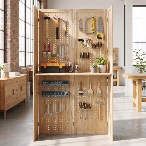 Svimi 4-Panel Freestanding Pegboard Room Divider with Center Shelf, Natural - color: Natural, size: 4 PANELS-SHELVE