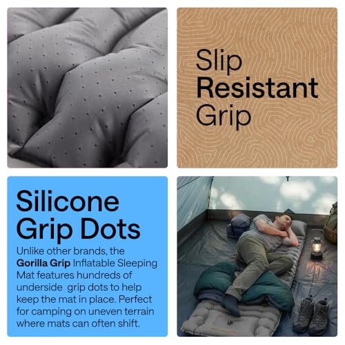 GORILLA GRIP Slip-Resistant Inflatable Sleeping Pad with Grip Dots, Foot Pump, Puncture Resistant Lightweight Camping Mattress, Air Mats Travel Backpacking, Inflating Bed Camp Sleep Pads Tent, Gray - color: Gray