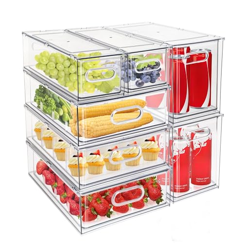 Mano Stackable Fridge Drawers Pull Out Bins with Handle Clear Refrigerator Drawers Organizer Food Storage Container Box with Dividers Plastic Produce Saver for Pantry, Cabinet, Kitchen, Clothes（7Pack） - style: 3*6L+2*3L+2*9L