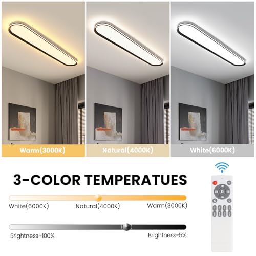 ADISUN Modern LED Ceiling Light Dimmable Linear Ceiling Light 39.4in Semi Flush Mount Long Lights with Remote Control and Side Lighting for Living Room Kitchen Dining Room, 2 Pack(65W) - color: Black-2Pack, size: 39 Inch