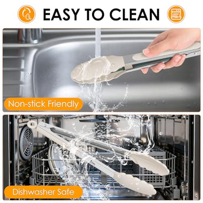 HOTEC Stainless Steel Kitchen Tongs with Silicone Tips, Set of 3-7",9" &12" - color: Khaki:12+9+7inch