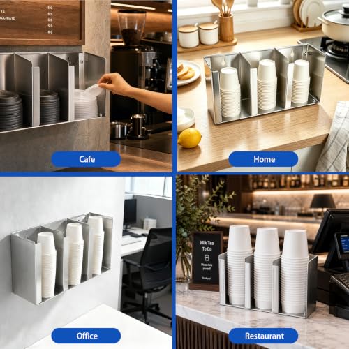 Stainless Steel Cup Dispenser, Cup and Lid Holder with Adjustable Dividers