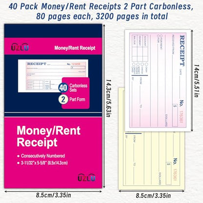 40 Pack Money & Rent Receipt Books, 2-Part Carbonless Receipt Books with Consecutive Numbering & Wraparound Cover, 3-11/32" x 5-5/8", Receipt Pads for Landlords, Small Business & Cash Payments - size: 3-11/32" x 5-5/8"-40 PCS, style: Rent Receipt Book Sty