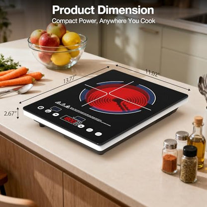 Electric Cooktop 110v,Single Burner Electric Stove Infrared Cooktop Hot Plate 1800W,4-Hour Setting,Black Crystal Glass Surface Compatible for All Cookware