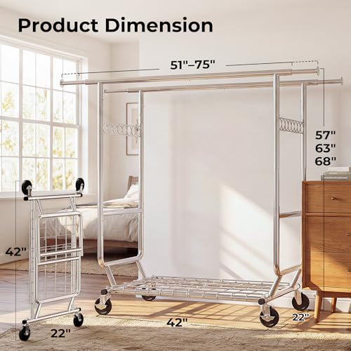 HOKEEPER Clothes Rack Heavy Duty Clothing Rack Load 650 LBS Collapsible Garment Rack with Wheels Double Rod Clothes Rack for Hanging Clothes Commercial Portable Closet Rack with Shelves 22"D*75"W*68"H - color: Chrome