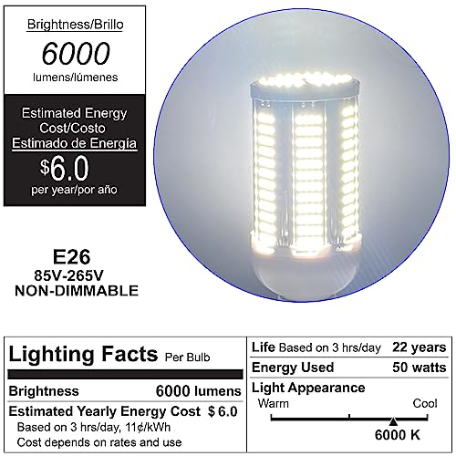 2 Pack 400W Equivalent Led Corn Light Bulb, 6000 Lumen 6000K Daylight 50W LED Corn Lamp, E26/E27 Medium Base for Indoor Garage Factory Warehouse Backyard