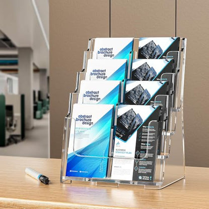 FUCDTEFC 2 Pack Acrylic Brochure Holder 8.5x11 & 4 x9 Inches, Clear 4 Tier Magazine Holder Brochure Display Stand w Removable Divider, Literature Pamphlet Flyer Holder for Wall Mount or Countertop - size: 2 Pack 4-Tier Brochure Holder