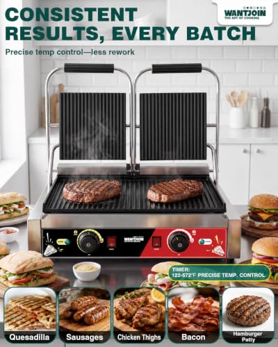 WantJoin Commercial Panini Press Sandwich Panini Maker - 3600W Fast Top & Bottom Heating, 19" x 9" Double Grooved Plates, Dual Temp Control, Sandwich Maker for Restaurant Food Truck