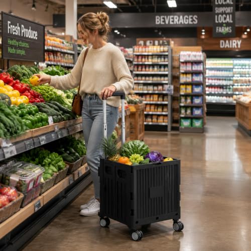Foldable Shopping Cart with Wheels: Black Rolling Utility Crate - color: Black(m)