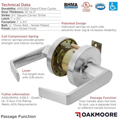 OAKMOORE Heavy Duty Commercial Door Handle | Passage Function | Grade 2 | No Lock/Key | for Meeting Rooms & Kitchens | Nickel Finish | C UL & ADA | ANSI A156.2 - size: Passage (Always Open)