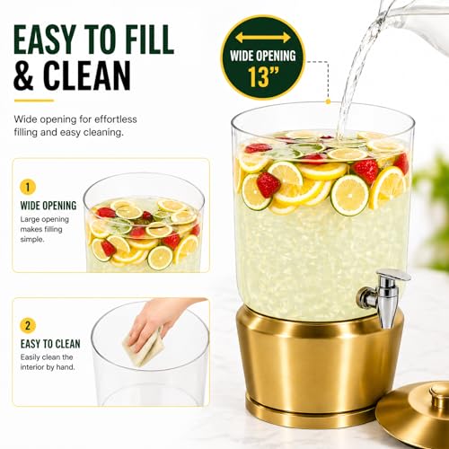 Drink Dispenser with Ice Chambers, Lemonade Tea Water Dispenser with Spigot, Stainless Steel Beverage Jar Jug, Perfect for Home Parties, Weddings, Gifts & Events (Gold, 3, Gallons) - color: Gold