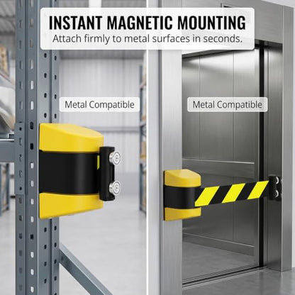 QWORK 2 Pack Magnetic Wall Mount Retractable Belt Barrier 15ft Yellow ABS Case – Heavy Duty Safety Line for Warehouse Aisles, Loading Bays & Hallways – Retractable Crowd Control Barrier