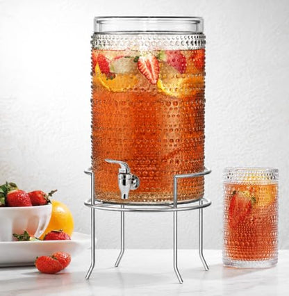 2 Gallon Glass Drink Dispenser, hobnail Drink Dispensers for Parties, Beverage Dispenser with Stand and Glass Lid, 100% Leakproof Spigot, Ideal for Lemonade, Juice, - color: Hobnail Clear-2 Gallon