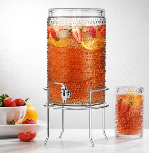 2 Gallon Glass Drink Dispenser, hobnail Drink Dispensers for Parties, Beverage Dispenser with Stand and Glass Lid, 100% Leakproof Spigot, Ideal for Lemonade, Juice, - color: Hobnail Clear-2 Gallon