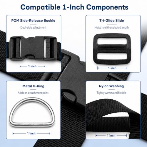 1 Inch Straps and Buckles Set, 12 Yards Nylon Webbing Strap, 12 Pack Release Buckles, 24 Tri-Glide Slide Clips, 12 Pack Metal D-Rings MaHeavy Duty Adjustable Quick Snap Fasteners, No Sewing Required - size: 1" 12 Pcs Buckle Set