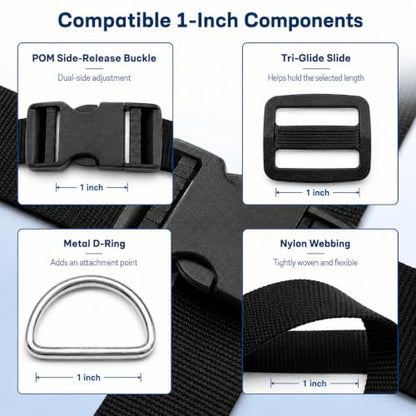 1 Inch Straps and Buckles Set, 12 Yards Nylon Webbing Strap, 12 Pack Release Buckles, 24 Tri-Glide Slide Clips, 12 Pack Metal D-Rings MaHeavy Duty Adjustable Quick Snap Fasteners, No Sewing Required - size: 1" 12 Pcs Buckle Set