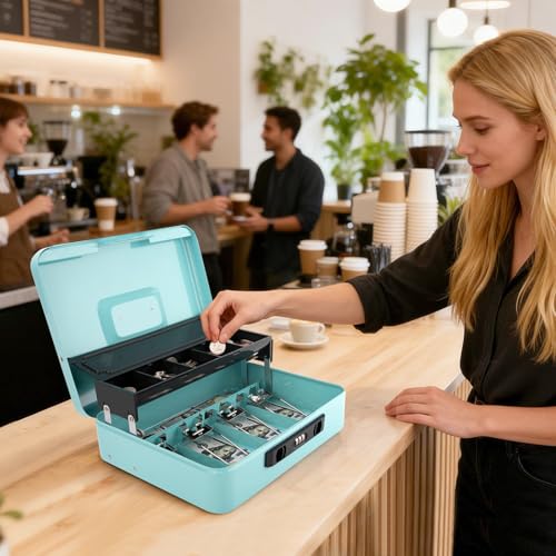 Cash Box with Snap Latch Combination Lock and Sliding Coin Lid, Secure Cash Box with Money Tray and Lock, Durable Safe Money Box for Home and Office,Teal,11.8"L x 9.5"W x 3.5"H - color: Robin's Egg