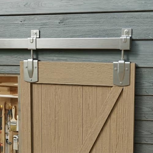JUBEST 6FT Box Rail Exterior Barn Door Hardware Kit, Heavy-Duty Silver Sliding Barn Door Track System, Wall Mount Door Hardware Kits (Door Not Included) - size: 6FT