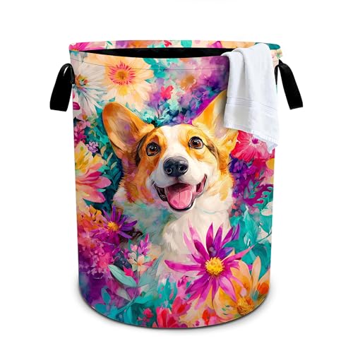 Dog Flower Laundry Basket Storage Bin Foldable Laundry Hamper Clothes Storage Bucket Organizer 19.6x15.7 Inch For Laundry Room/Bedroom/Bathroom - color: Dog Flower