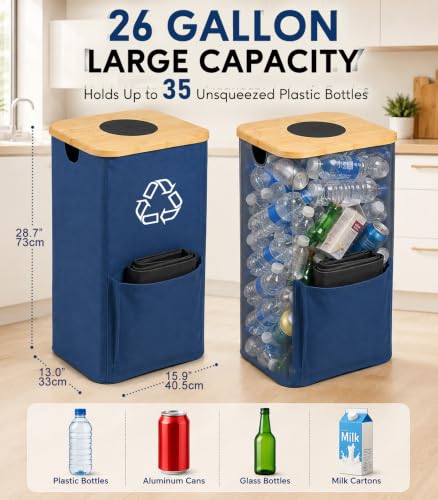 Recycling Bin for Kitchen with Bamboo Lid (Blue) - color: Blue