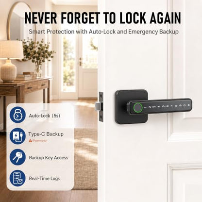Smart Fingerprint Door Lock Knob, Biometric Keyless Entry Bedroom Handle - color: Black