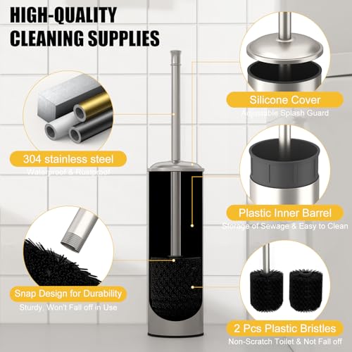 BESy Toilet Brush and Holder, Toilet Cleaner Bowl Set with Two Brush with Extra Long Handle, Durable Bristles Toilet Scrubber and Covered Holder, Drip-Proof Stainless Steel Brushed Nickel - color: Brushed Nickel