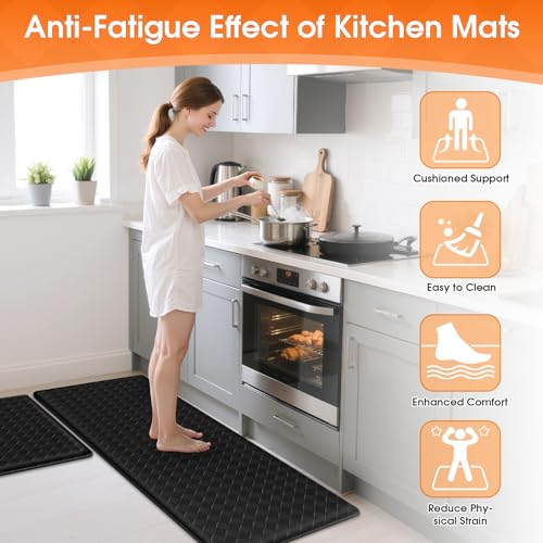 TranquilRelax 2-Piece Kitchen Mats, Cushioned Non-Slip Floor Mats, Black - color: Black, size: 2-Piece | 30"+47" | Standard
