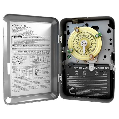 T104 Mechanical Timer Switch, 208–277 VAC 40 Amp,Pool Pump Switch, 24 Hour 12 ON/Off for Pump, Heavy Duty Pool Timers, Timer for Lights HVAC Systems, 5 Years Warranty - style: T104