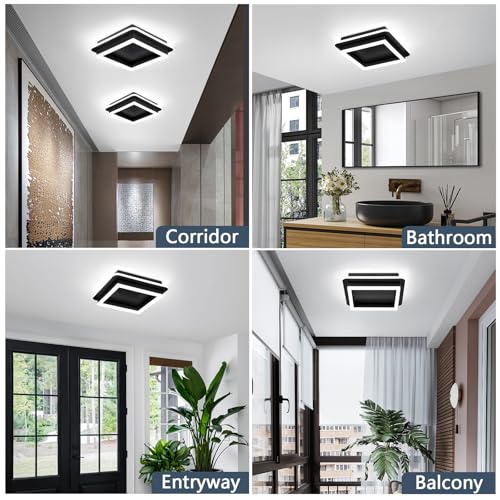 CANEOE Black Modern LED Ceiling Light, Square Flush Mount Ceiling Hallway Light Fxitures, 6000K Cold White Small Close to Ceilings Lamp for Bedroom Hallway Kitchen Balcony Cloakroom - color: All Black, size: 1 Pack