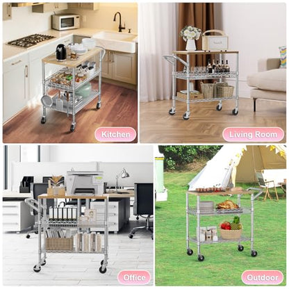WDT 3 Tier Rolling Kitchen Carts with Wheels, Heavy Duty Rolling Utility Cart with Wood Tabletop, Commercial Grade Metal Cart with Handle and Hooks, NSF Storage Serving Island Carts, Light Wood+Metal - color: Light Wood+metal-3 Tier